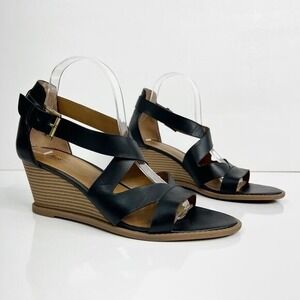 GH Bass & Co Womens 10 Black Leather Crisscross Strap Wedge Heel Renae Sandals